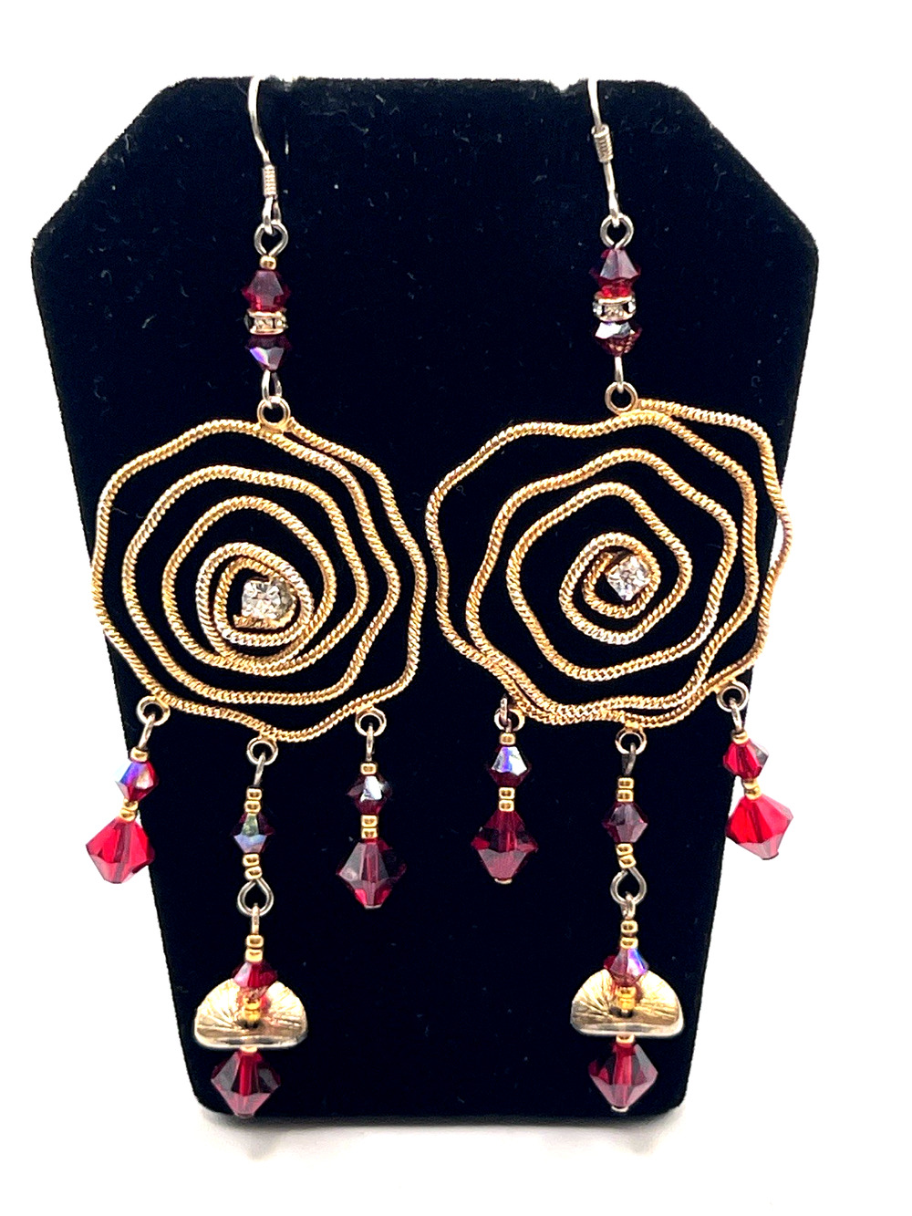 Sterling Silver & Gold w/ Red Crystal Accents WEB Design Dangle Earrings WOW!